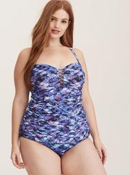 Geo Space Print Lattice Front Ruched Tankini Top