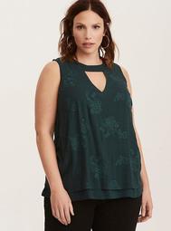 Embroidered Crepe Mock Neck Tank Top