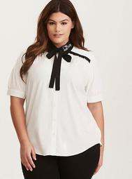 Hello Kitty Embroidered Tie Front Button Front Blouse