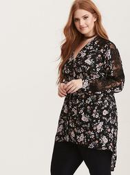 Floral Print Lace Inset Sleeve Button Front Hi-Lo Tunic