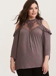 Embroidered Mesh Inset Ruffled Cold Shoulder Top