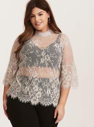 Lace Mock Neck Bell Sleeve Blouse