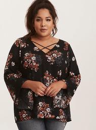 Floral Print Cross Front Bell Sleeve Challis Blouse