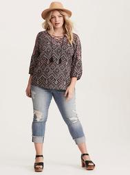 Geo Print Embroidered Challis Lace Up Blouse