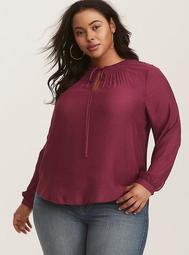 Berry Tie Neck Crepe Pullover Blouse
