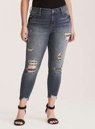 Runway Collection Girlfriend Jeans- Distressed Medium Wash with Fishnet Inset