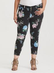 Black Floral Twill Ankle Skinny Pant