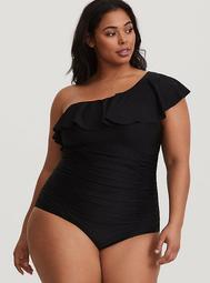 Black Asymmetrical Ruffle One-Piece Swimsuit