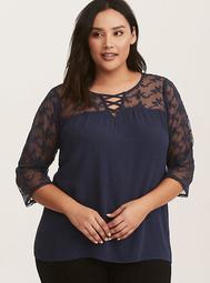 Navy Embroidered Lace Gauze Blouse