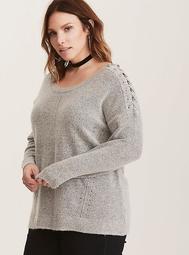Grey Brushed Knit Lace Up Sleeve Sweater