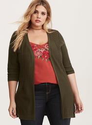 Olive Pointelle Open Front Cardigan