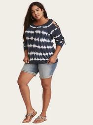 Navy & White Tie-Dye Knit Lace-Up Sleeve Sweater