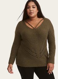 Olive Strappy Neck Pointelle Pullover Sweater