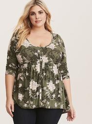 Olive Floral Print Button Front Babydoll Top