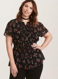 Red & Black Floral Print Chiffon Ruffle Front Blouse