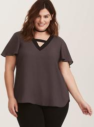 Charcoal & Black Georgette Bar V-Neck Top