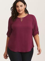 Berry Lace-Up Challis Pullover Blouse