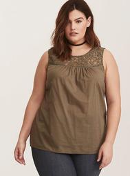Olive Green Lace Inset Cotton Tank Top