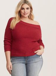 Red Off Shoulder Pullover Sweater