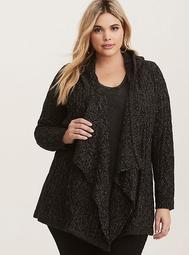 Black & White Marled Cable Knit Hooded Cardigan