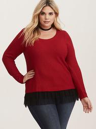 Red & Black Knit Mesh Trim Sweater