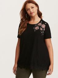 Super Soft Embroidered Roses Lace Inset Tee
