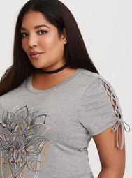 Grey Sequin Embroidered Lace-Up Tee