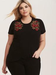 Black Embroidered Roses Tee