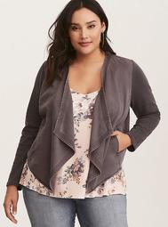 Grey Knit to Woven Drape Front Jacket