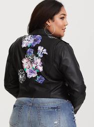 Black Embroidered Faux Leather Moto Jacket