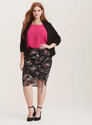 Multi-Color Floral Print Mesh Tie Front Pencil Skirt