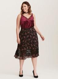 Black & Pink Floral Print Lace Inset Pleated Midi Skirt