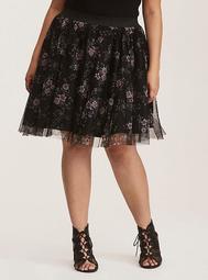 Black & Multi-Color Floral Print Tulle Mini Skirt