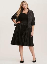 Runway Collection - Black Faux Leather Pleated Midi Skirt