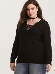 Grommet Trim Lace Up Pullover Sweater