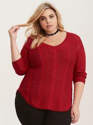 Cable Knit V-Neck Tunic Sweater