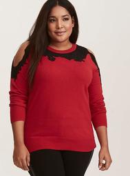 Red Knit & Black Lace Trim Cold Shoulder Sweater