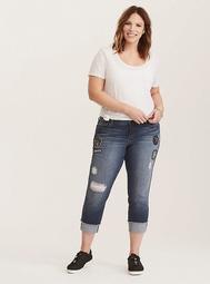 Cropped Boyfriend Jeans - Distressed Medium Wash with Patches