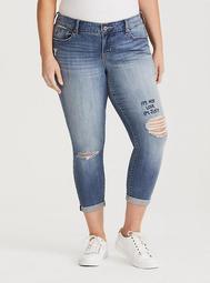Embroidered Skinny Crop Jeans - Distressed Medium Wash