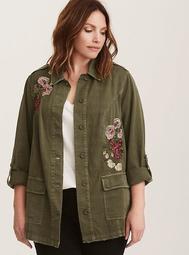Olive Green Floral Embroidered Twill Shirt Jacket