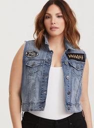 Cropped Patch Vest - Distressed Light Wash