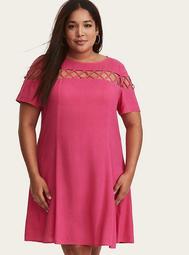 Hot Pink Challis Lattice Front Trapeze Dress