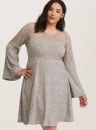 Grey Bell Sleeve Lace Inset Woven Skater Dress