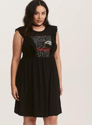 Black Graphic Ruffled Trim T-Shirt Dress