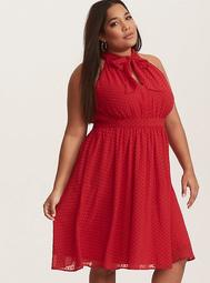 Retro Chic Red Textured Dot Chiffon Dress