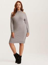 Grey Knit High Neck Cold Shoulder Sweater Dress