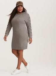 Grey French Terry Knit Lace Up Sleeve Sweatshirt Dress