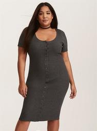 Charcoal Grey Ribbed Knit Button Front Dress