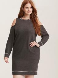 Charcoal Grey Knit Cold Shoulder Sweater Dress