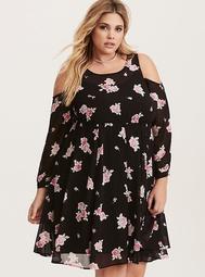 Black & Pink Floral Print Chiffon Cold Shoulder Dress